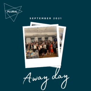 Plural Away Day 2021 photo of team in polaroid style image against blue green background
